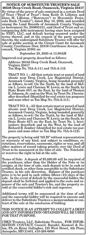 SUBSTITUTE TRUSTEE’S SALE 20548 Deep Creek Road, Onancock 9.4, 9.11, 9.18, 9.25