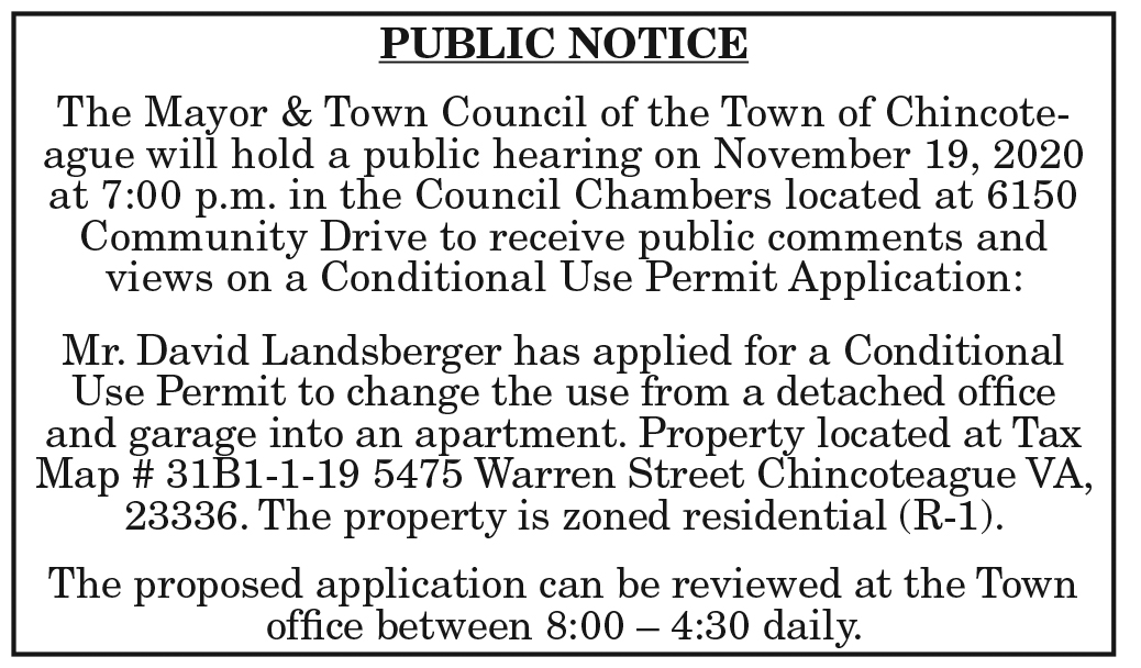 Chincoteague Notice of Public Hearing for CUP Application 10.23 and 10.30