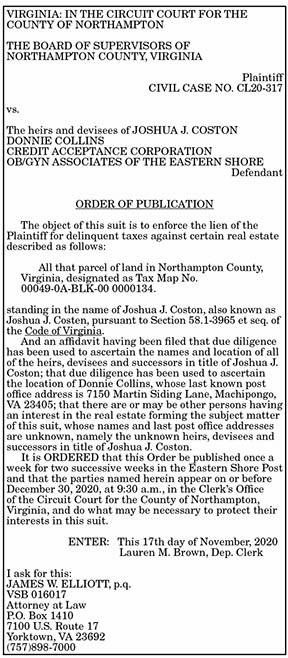 Order of Publication Coston 11.20, 11.27