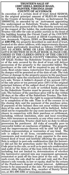 TRUSTEE’S SALE OF 13287 SHELL BRIDGE ROAD, PAINTER 11.20, 11.27