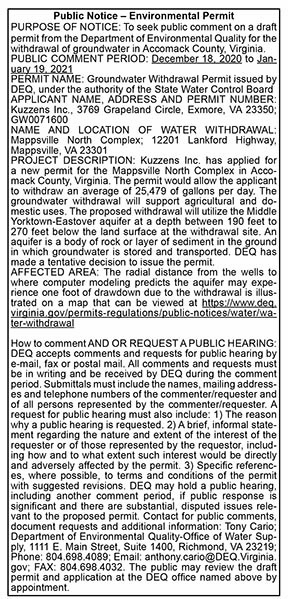 Public Notice Environmental Permit Kuzzens 12.18