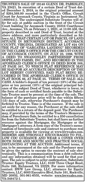 TRUSTEE’S SALE OF 19148 GLENN DR, PARKSLEY 1.1, 1.8