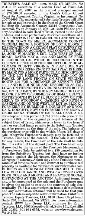 TRUSTEE’S SALE OF 19326 MAIN ST, MELFA 12.11, 12.18