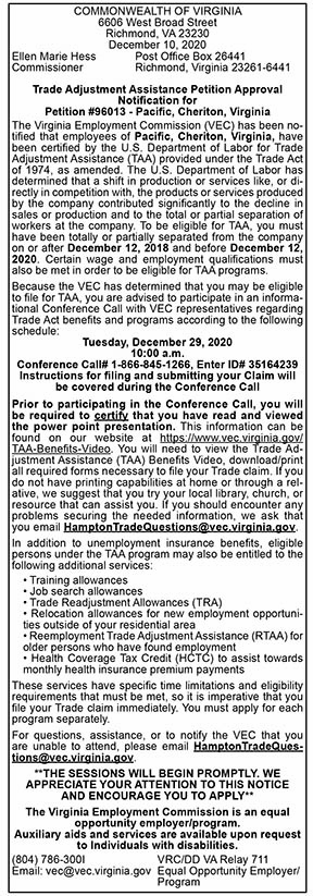 Trade Adjustment Assistance Pacific Cheriton 12.18