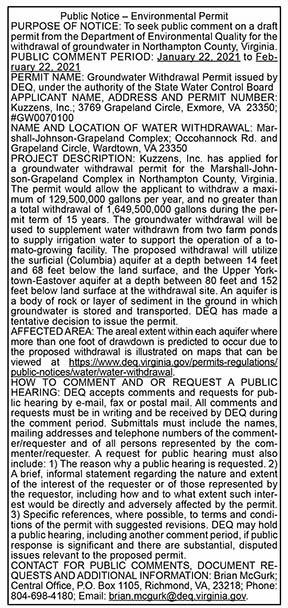 Public Notice – Environmental Permit KUZZENS 1.22