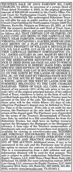 TRUSTEE’S SALE OF 23372 FAIRVIEW RD, CAPE CHARLES, VA 1.29, 2.5, 2.12, 2.19