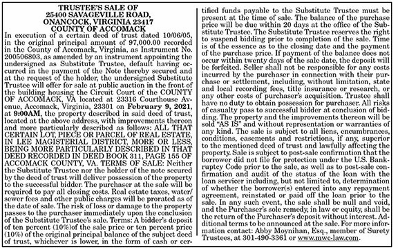 TRUSTEE’S SALE OF 25400 SAVAGEVILLE ROAD, ONANCOCK 1.15, 1.22