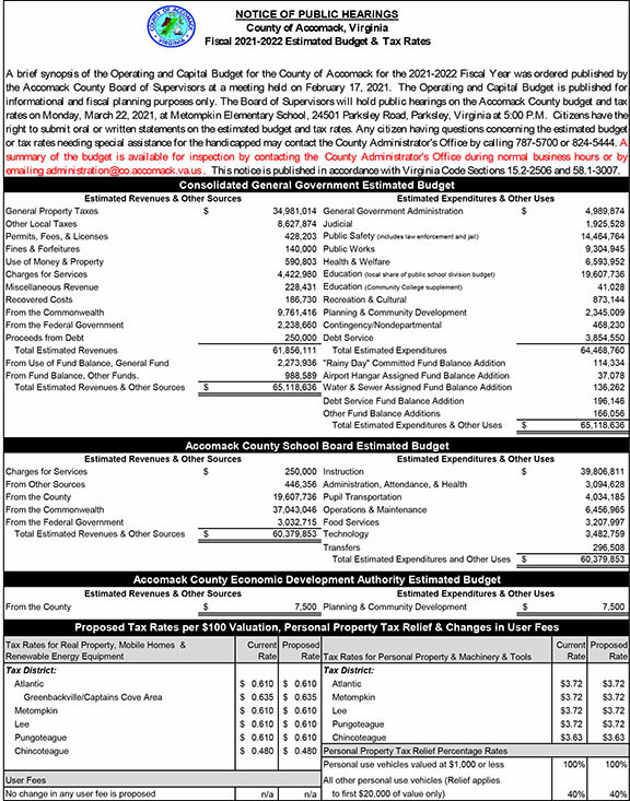 Public Hearing for Accomack Budget and Tax Rates 3.12, 3.19