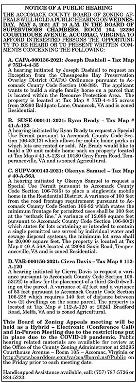 Accomack County Board of Zoning Appeals Public Hearing 4.16, 4.23