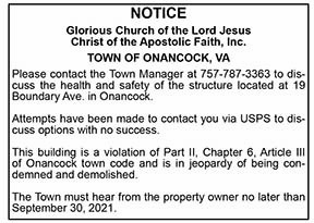Notice Health and Safety of the Structure Located at 19 Boundary Ave. in Onancock 9.17
