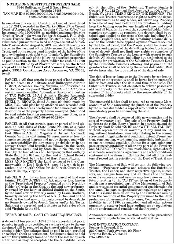 Notice of Substitute Trustee’s Sale 6344 Bullbeggar Road and Saxis Road 11.5, 11.12