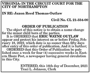 Jaxon Reed Thomas-Outlaw Name Change 12.24, 12.31, 1.7, 1.14