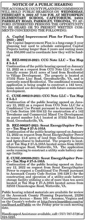 Accomack County Planning Commission Public Hearings 1.21, 1.28