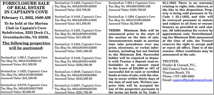 Foreclosure Sale of Real Estate in Captain’s Cove 1.14, 1.21, 1.28, 2.4