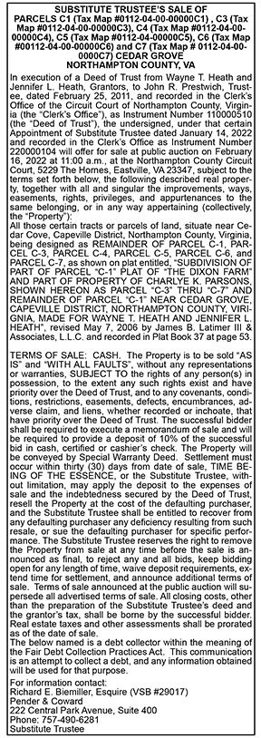 Substitute Trustee’s Sale of Parcels at Cedar Grove 1.21, 1.28, 2.4, 2.11