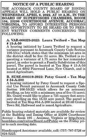 Accomack County Board of Zoning Appeals Public Hearing 3.18, 3.25