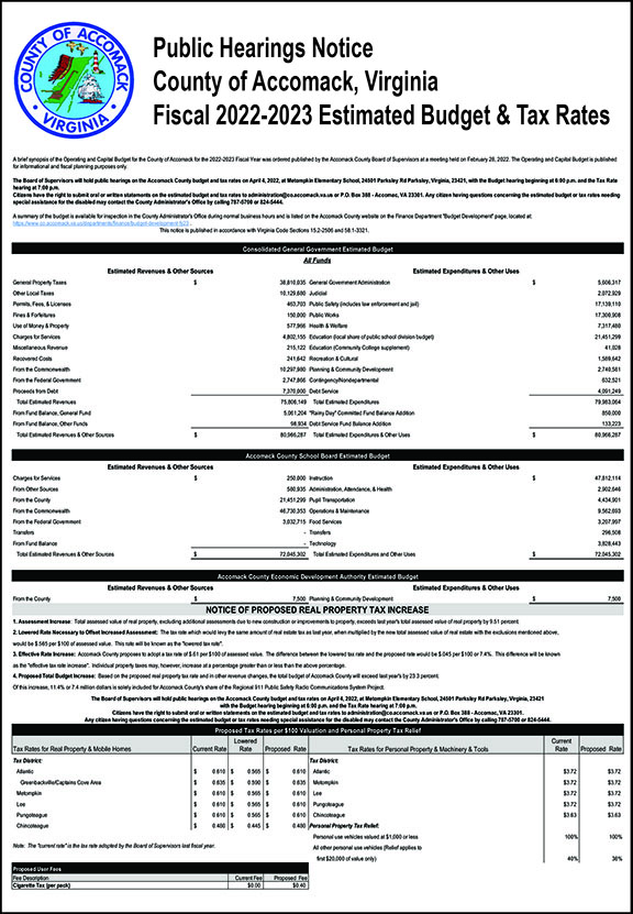 County of Accomack Fiscal 2022.2023 Estimated Budget and Tax Rates 3.4, 3.25