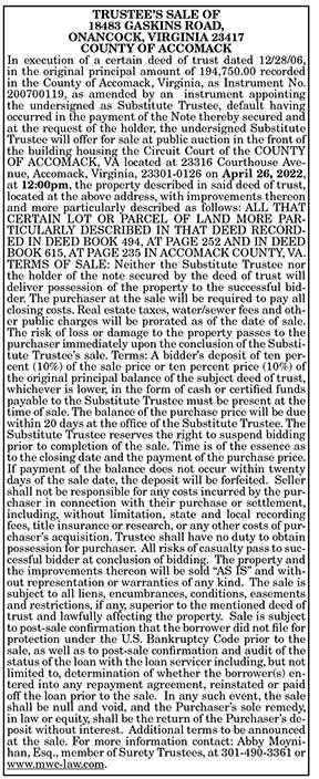 Trustee’s Sale of 18483 Gaskins Road, Onancock 3.25, 4.1