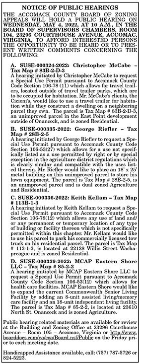 Accomack County Board of Zoning Appeals Public Hearing 4.15, 4.22