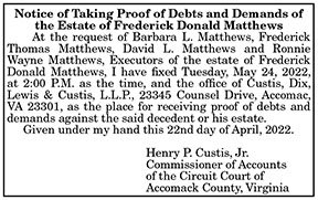 Notice of Taking Proof of Debts and Demands of the Estate of Frederick Donald Matthews 4.29