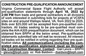 Virginia Commercial Space Flight Authority Construction Pre-Qualification Announcement 4.8, 4.15