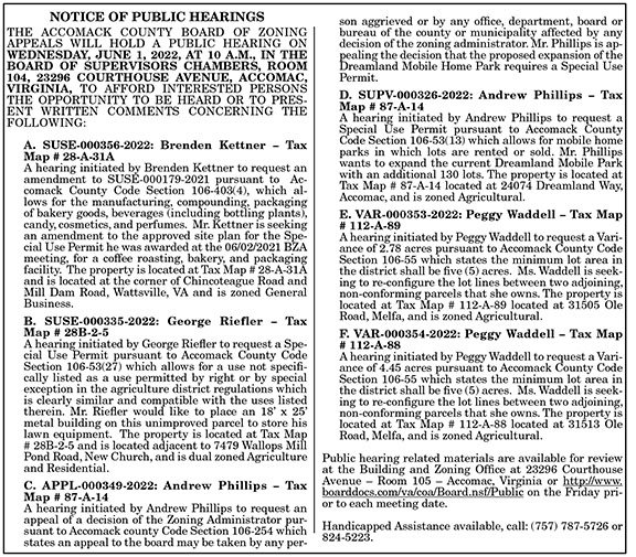 Accomack County Board of Zoning Appeals Public Hearings 5.13, 5.20
