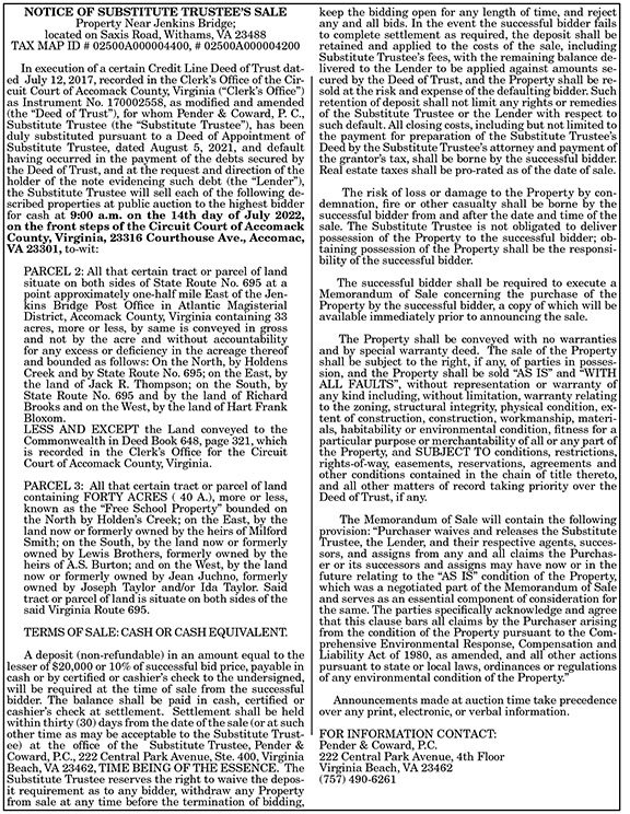 Notice of Substitute Trustee’s Sale Property Near Jenkins Bridge 7.1, 7.8