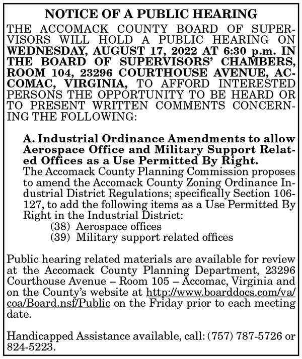 Accomack County Board of Supervisors Public Hearing 7.29, 8.5