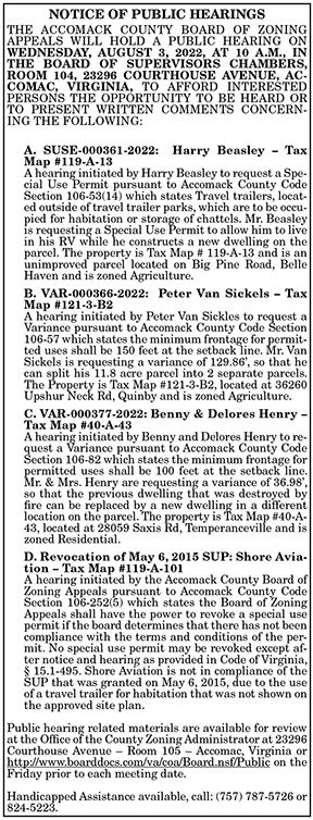 Accomack County Board of Zoning Appeals Public Hearings 7.15, 7.22