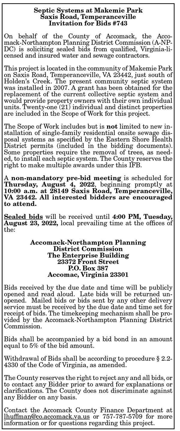 Invitation for Bids #743 for Septic Systems at Makemie Park 7.29