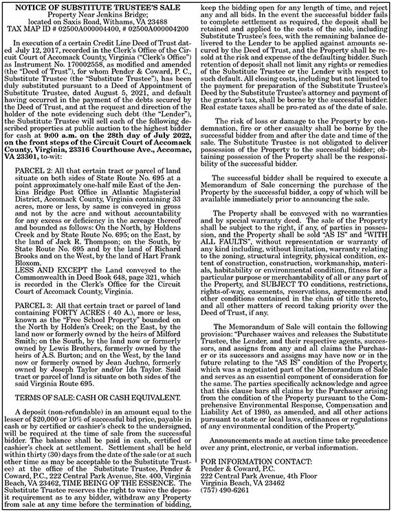 Notice of Substitute Trustee’s Sale Property Near Jenkins Bridge 7.8, 7.15
