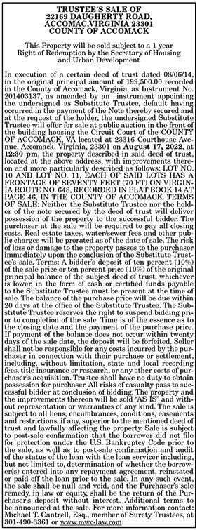 Trustee’s Sale of 22169 Daugherty Road, Accomac 7.15, 7.22