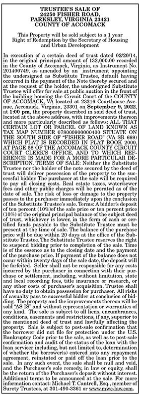 Trustee Sale of 24250 Fisher Road, Parksley 8.5, 8.12