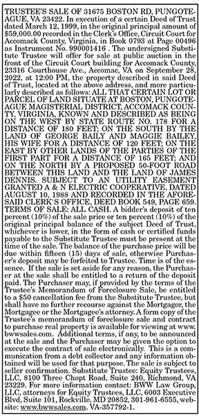 Trustee’s Sale of 31675 Boston Rd, Pungoteague 8.12, 8.19, 8.26, 9.2