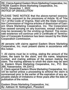 Eastern Shore Marketing Cooperative Notice of Dissolution 11.25, 12.2, 12.9, 12.16