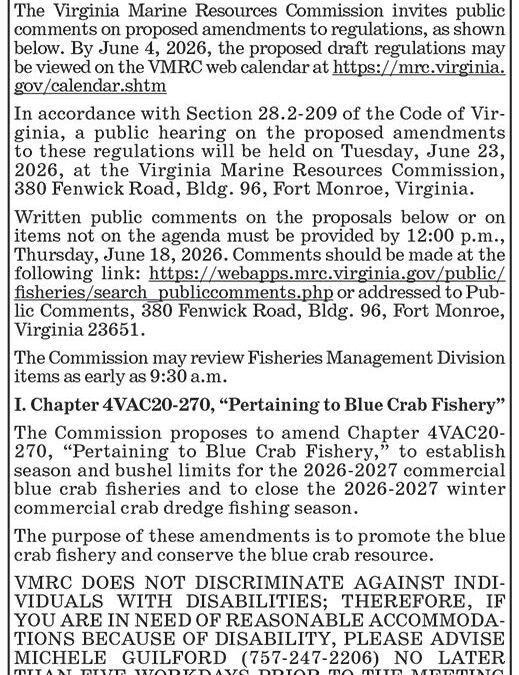 VMRC Public Hearing, June 23, Blue Crab Fishery