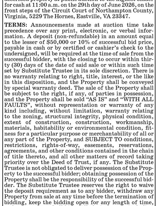 Trustee’s Sale, 21209 N Bayside Road, June 29